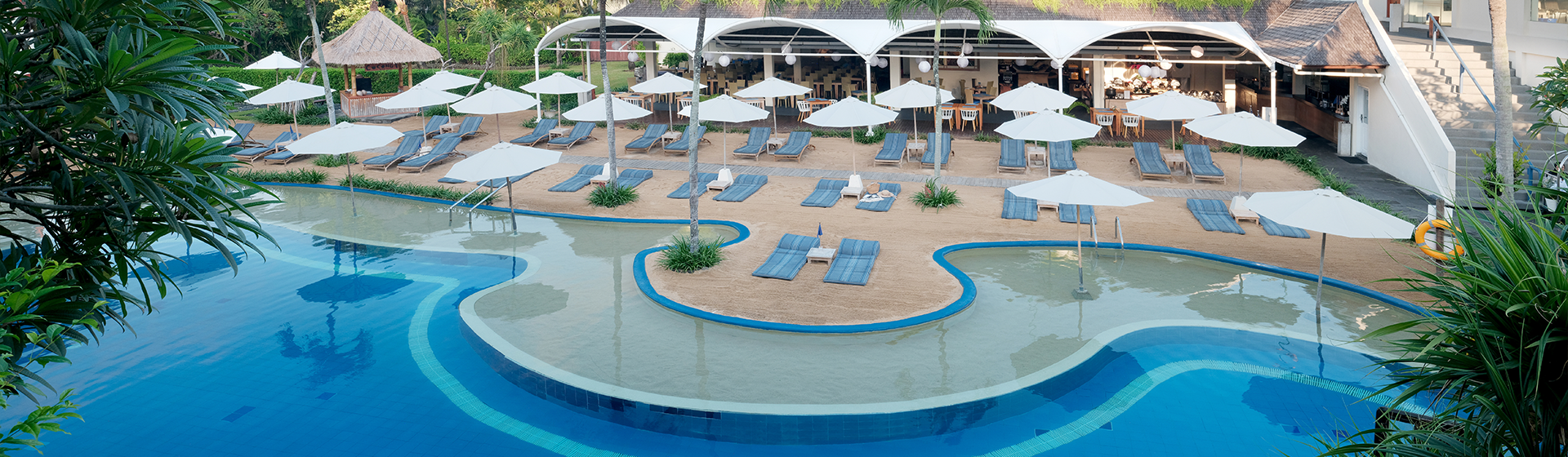 Aerial view of the main pool at Blu-Zea Resort, Seminyak, Bali, Indonesia