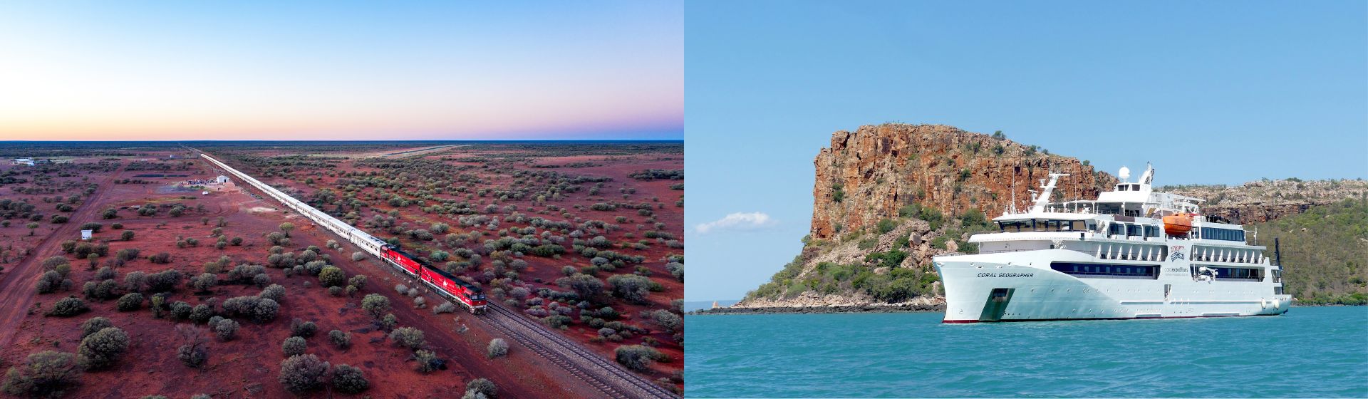 The Ghan rail journey combined with Kimberley Cruise on Coral Geographer in Australia