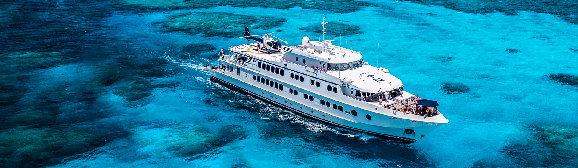 Aerial view of True North Cruise Ship in the Kimberley region of Western Australia
