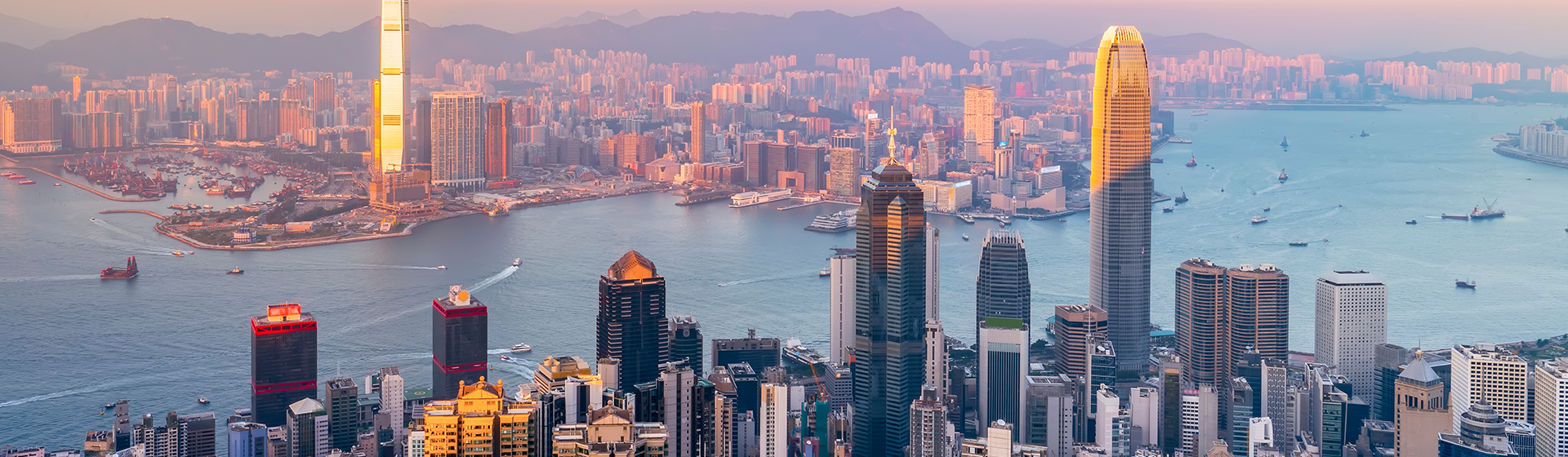 Aerial view of Hong Kong city skyline and its harbour
