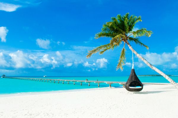 Aerial view of a pristine beach on an island in Maldives