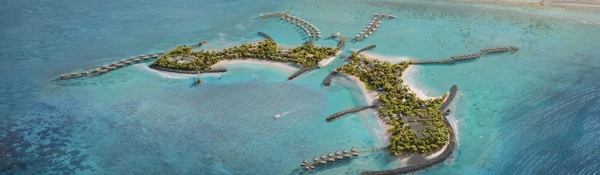 Aerial view of overwater villas at Centara Grand Lagoon Maldives