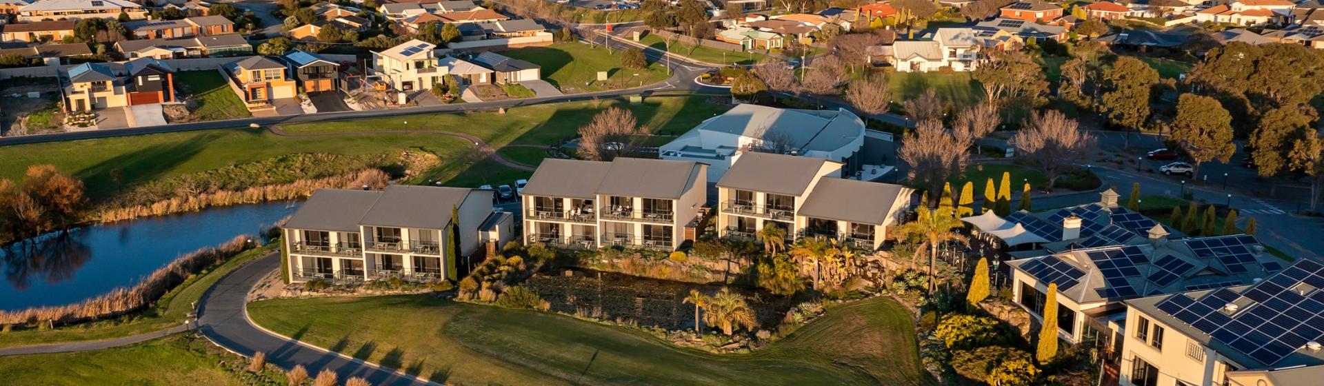 Aerial view of the grounds and acommodation at McCracken Resort, South Australia