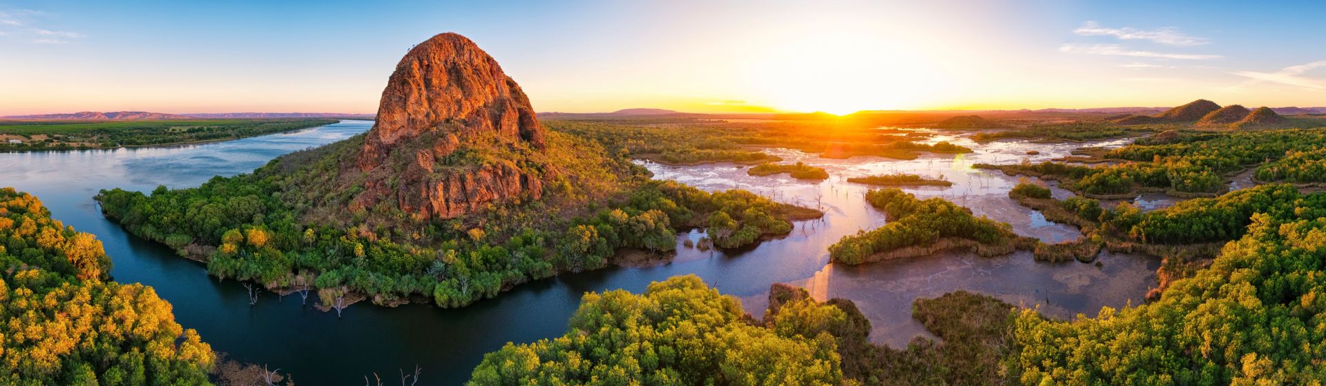 Aerial view of elephant rock and emu creek in the kimberley region of Western Australia